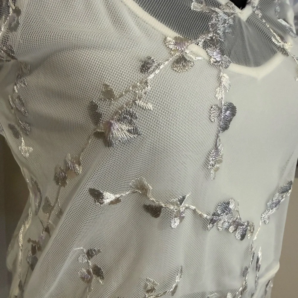 White House Black Market Sheer White Embroidered Blouse